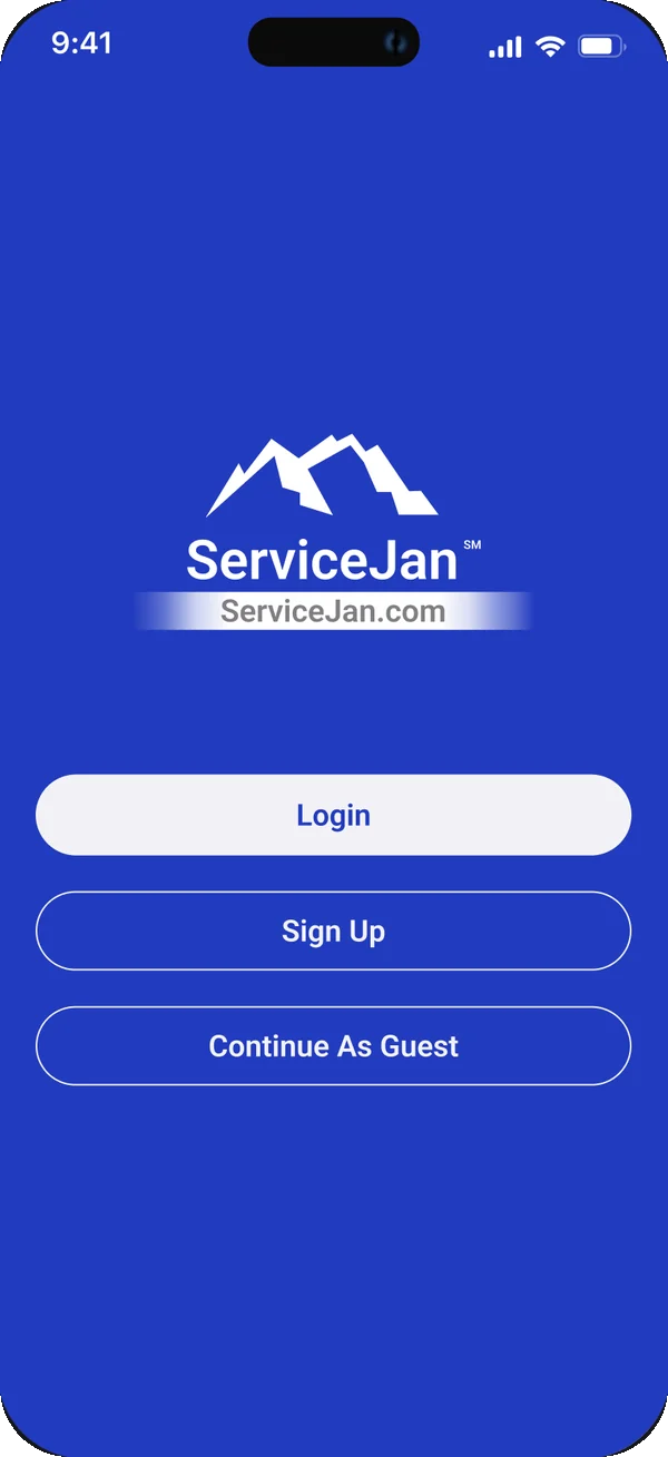 The ServiceJan app's welcome screen, with Login, Sign Up and Continue As Guest